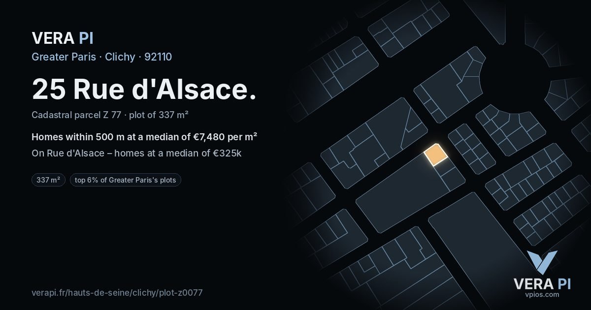 25 Rue d'Alsace, Clichy at night – the plot lit, the parcels around coloured by the prices near them