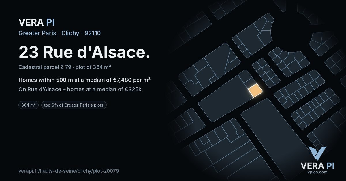 23 Rue d'Alsace, Clichy at night – the plot lit, the parcels around coloured by the prices near them