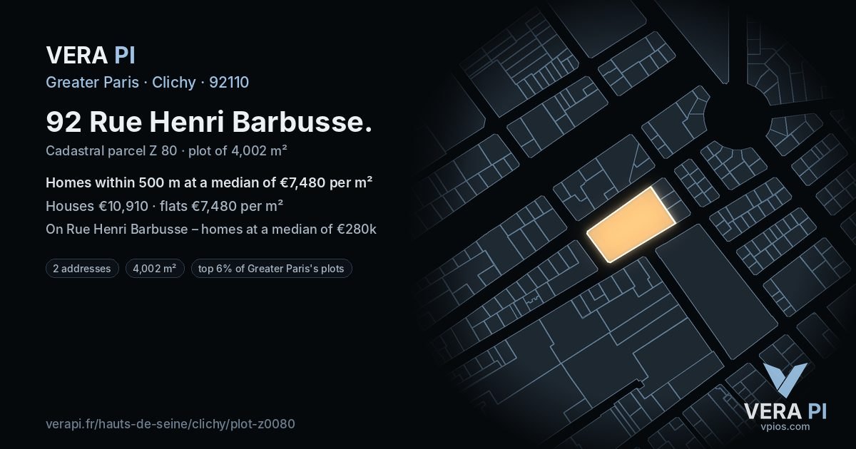 92 Rue Henri Barbusse, Clichy at night – the plot lit, the parcels around coloured by the prices near them