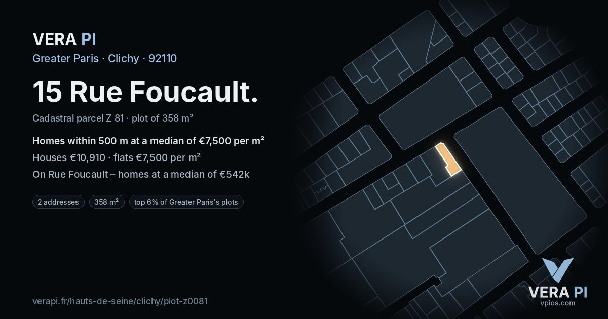 15 Rue Foucault, Clichy at night – the plot lit, the parcels around coloured by the prices near them