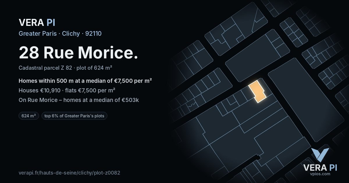 28 Rue Morice, Clichy at night – the plot lit, the parcels around coloured by the prices near them