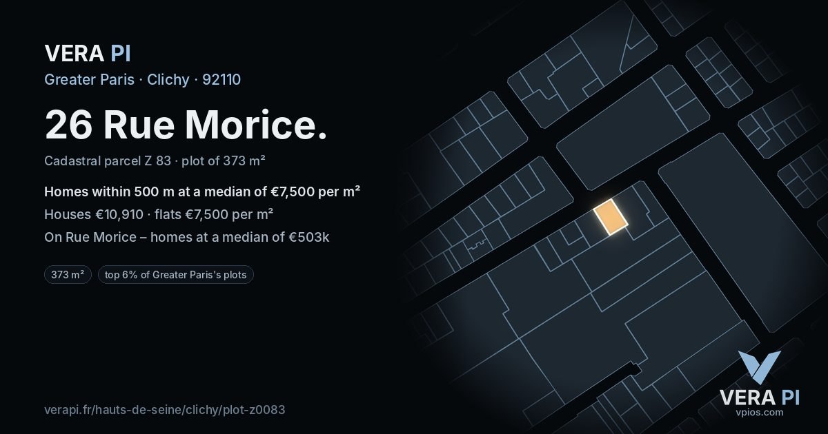 26 Rue Morice, Clichy at night – the plot lit, the parcels around coloured by the prices near them