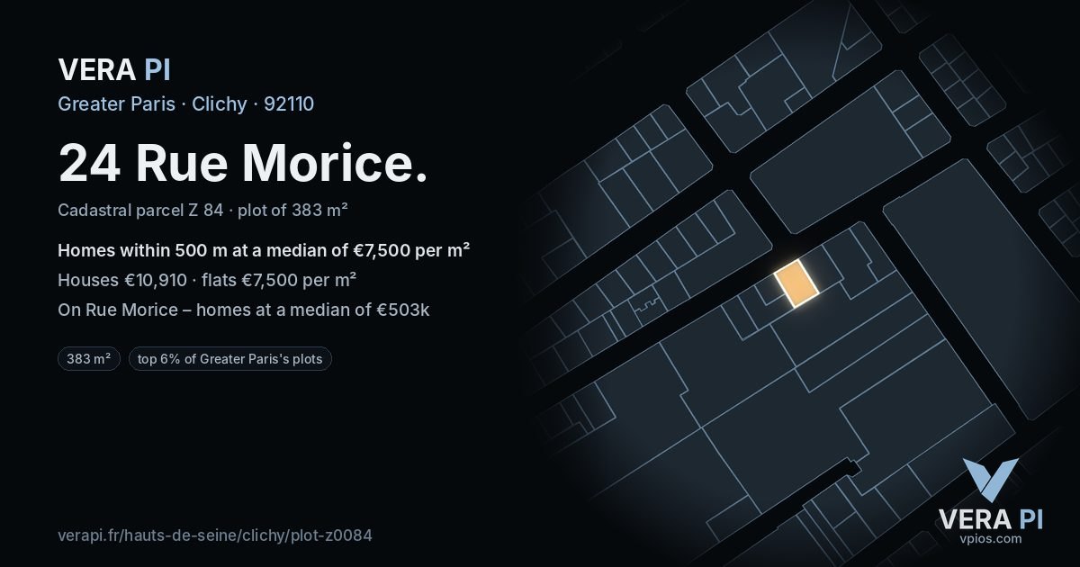 24 Rue Morice, Clichy at night – the plot lit, the parcels around coloured by the prices near them