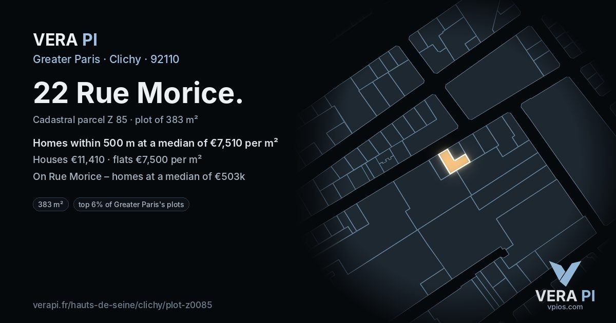 22 Rue Morice, Clichy at night – the plot lit, the parcels around coloured by the prices near them