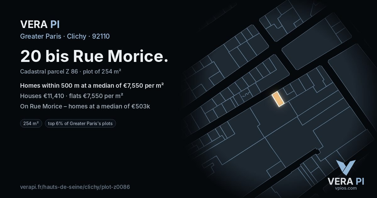20 bis Rue Morice, Clichy at night – the plot lit, the parcels around coloured by the prices near them