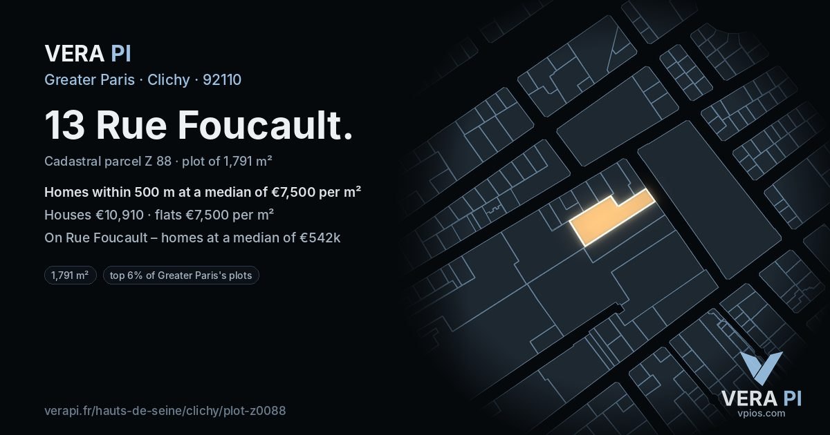 13 Rue Foucault, Clichy at night – the plot lit, the parcels around coloured by the prices near them