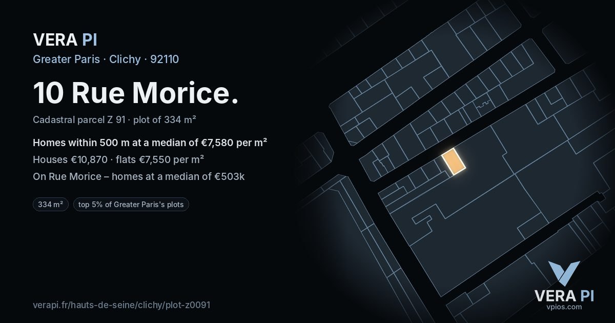 10 Rue Morice, Clichy at night – the plot lit, the parcels around coloured by the prices near them