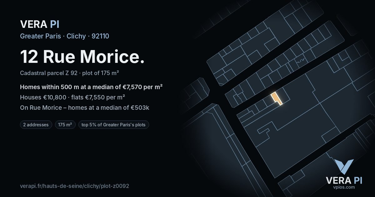 12 Rue Morice, Clichy at night – the plot lit, the parcels around coloured by the prices near them