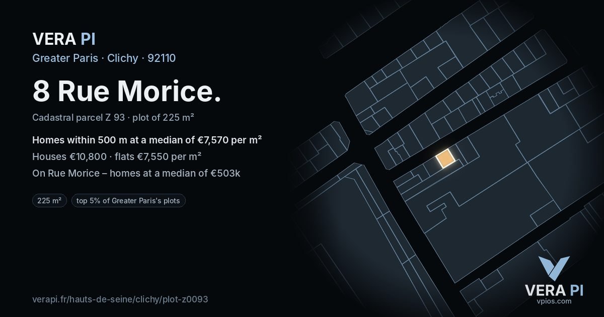 8 Rue Morice, Clichy at night – the plot lit, the parcels around coloured by the prices near them