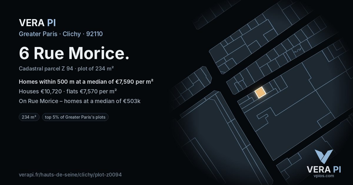 6 Rue Morice, Clichy at night – the plot lit, the parcels around coloured by the prices near them