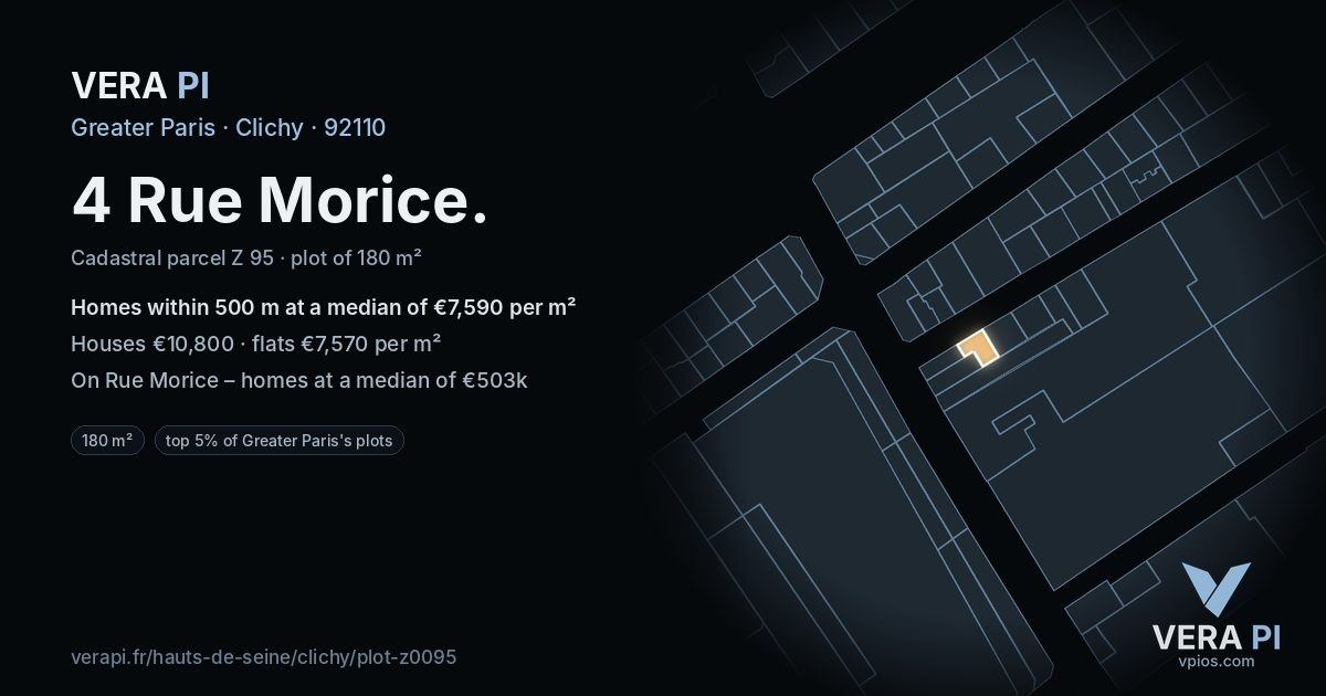 4 Rue Morice, Clichy at night – the plot lit, the parcels around coloured by the prices near them