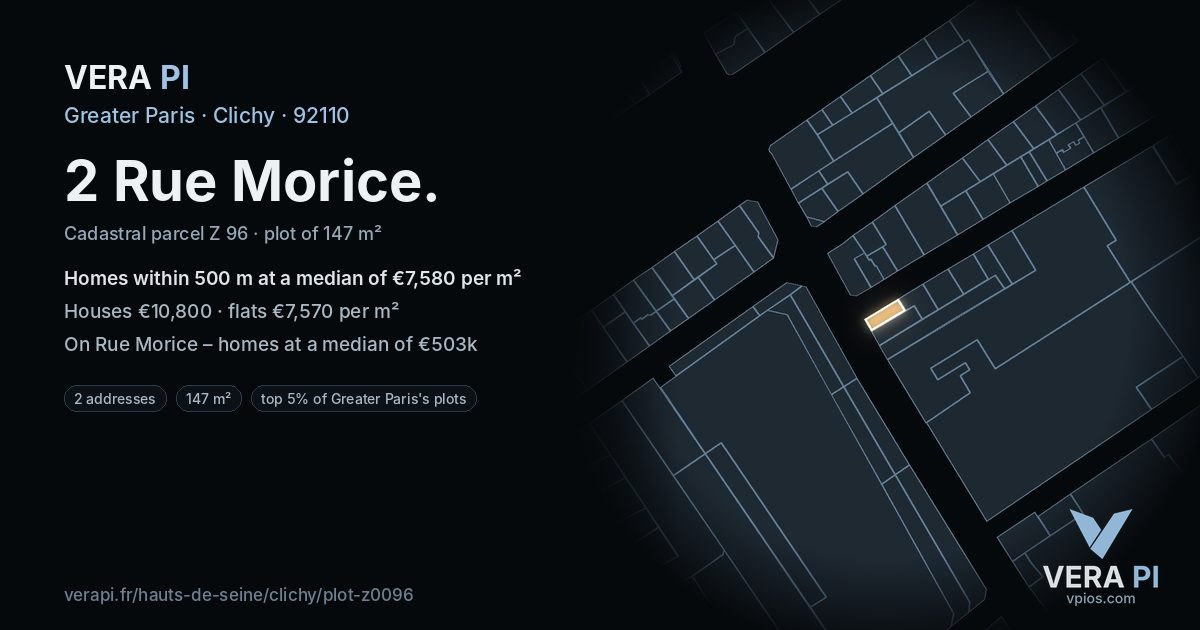2 Rue Morice, Clichy at night – the plot lit, the parcels around coloured by the prices near them