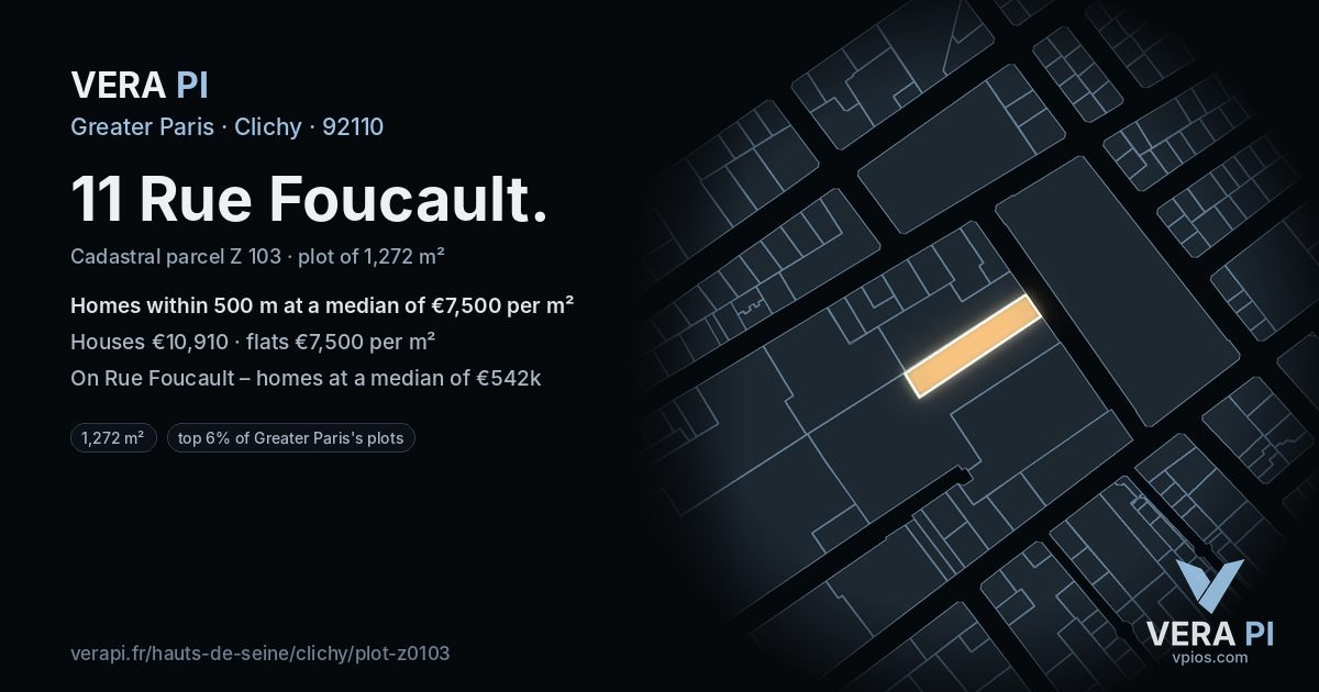 11 Rue Foucault, Clichy at night – the plot lit, the parcels around coloured by the prices near them