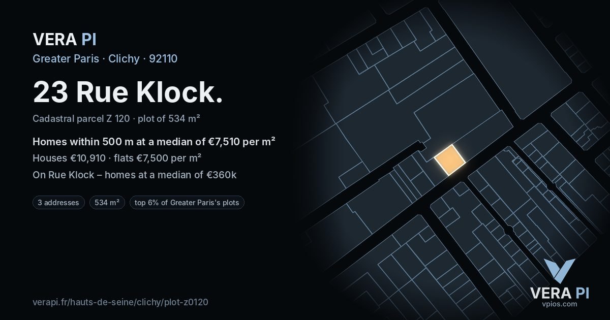23 Rue Klock, Clichy at night – the plot lit, the parcels around coloured by the prices near them