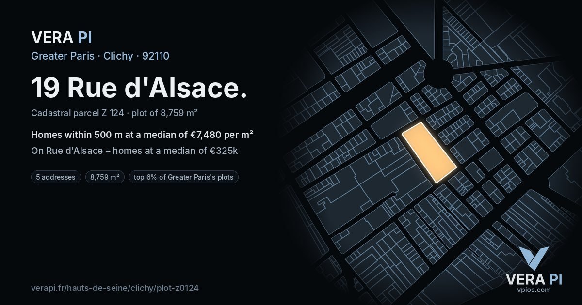 19 Rue d'Alsace, Clichy at night – the plot lit, the parcels around coloured by the prices near them
