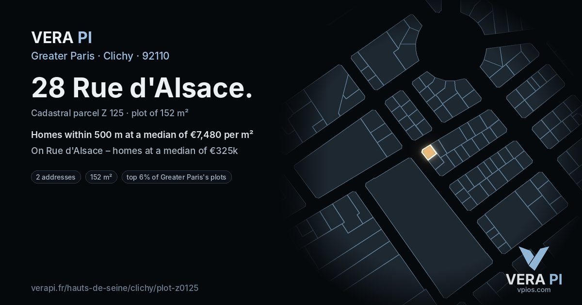 28 Rue d'Alsace, Clichy at night – the plot lit, the parcels around coloured by the prices near them