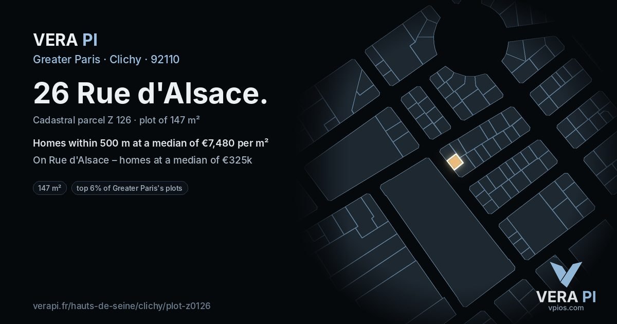 26 Rue d'Alsace, Clichy at night – the plot lit, the parcels around coloured by the prices near them
