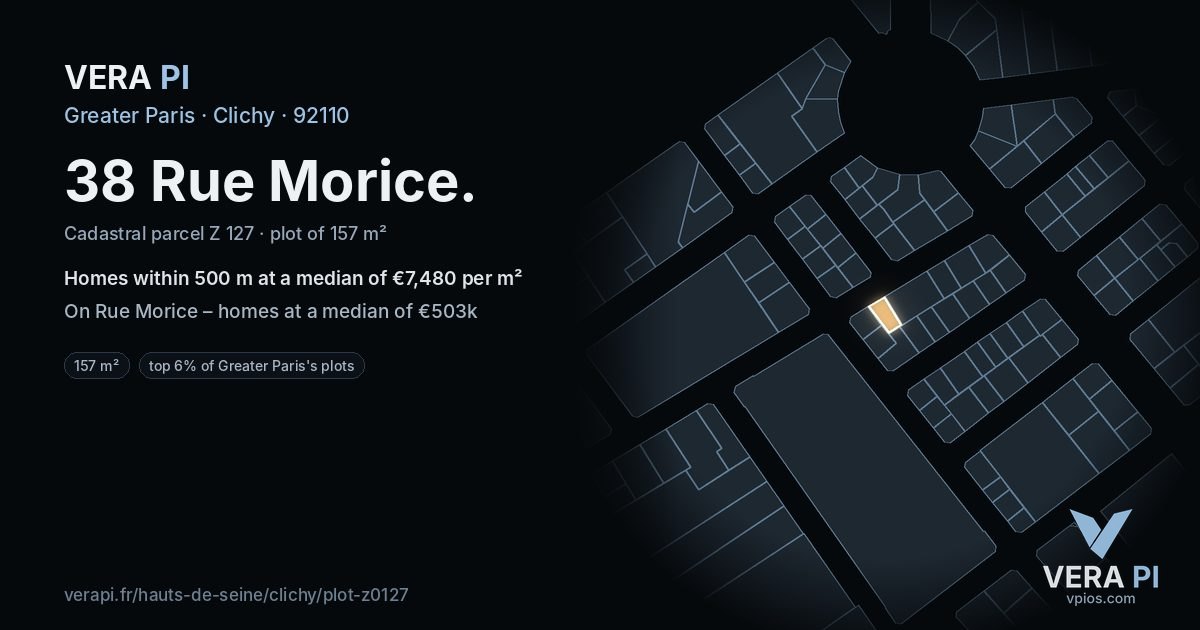38 Rue Morice, Clichy at night – the plot lit, the parcels around coloured by the prices near them