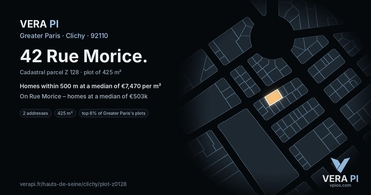 42 Rue Morice, Clichy at night – the plot lit, the parcels around coloured by the prices near them