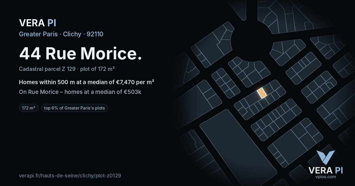 44 Rue Morice, Clichy at night – the plot lit, the parcels around coloured by the prices near them