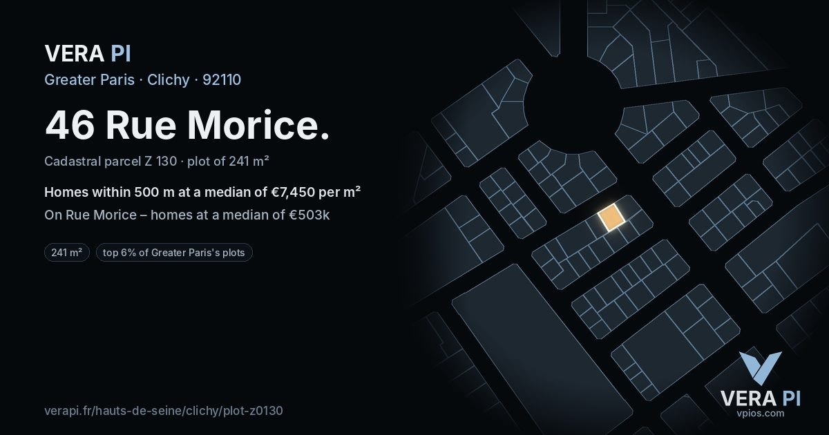46 Rue Morice, Clichy at night – the plot lit, the parcels around coloured by the prices near them