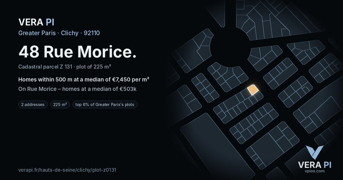 48 Rue Morice, Clichy at night – the plot lit, the parcels around coloured by the prices near them