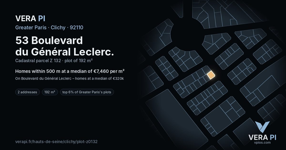 53 Boulevard du Général Leclerc, Clichy at night – the plot lit, the parcels around coloured by the prices near them