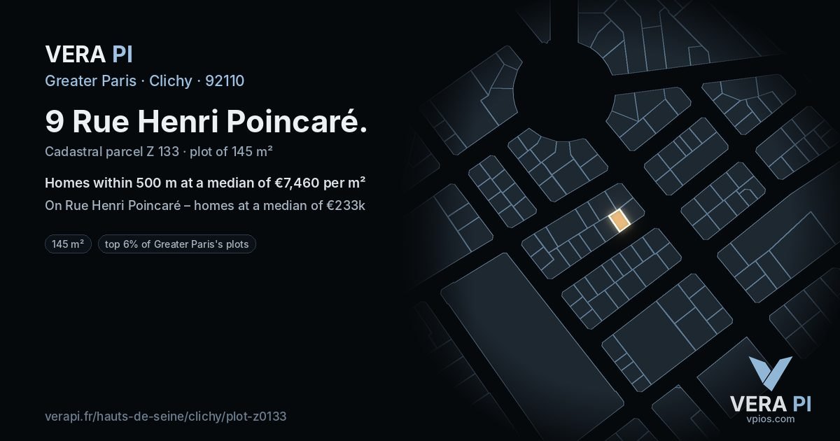 9 Rue Henri Poincaré, Clichy at night – the plot lit, the parcels around coloured by the prices near them