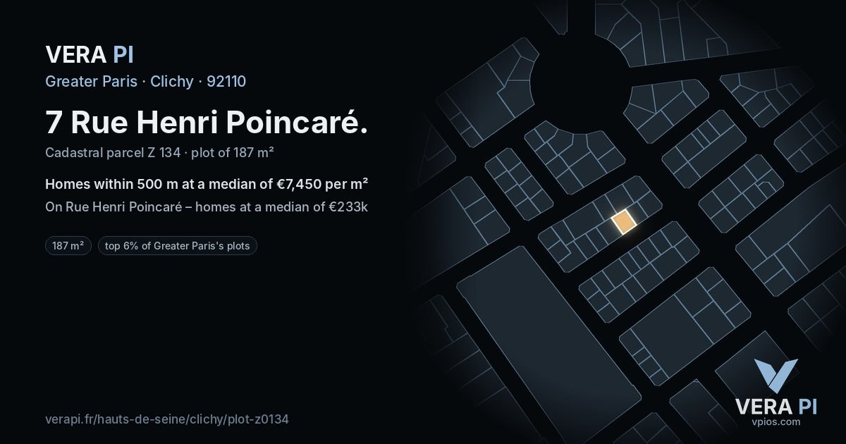 7 Rue Henri Poincaré, Clichy at night – the plot lit, the parcels around coloured by the prices near them