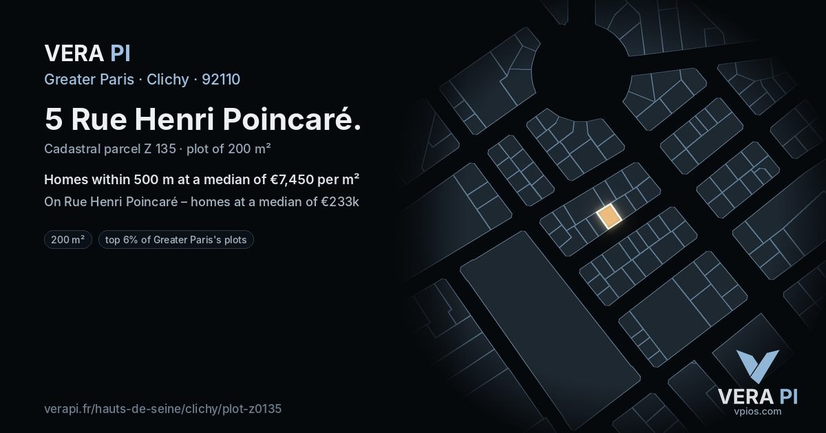 5 Rue Henri Poincaré, Clichy at night – the plot lit, the parcels around coloured by the prices near them