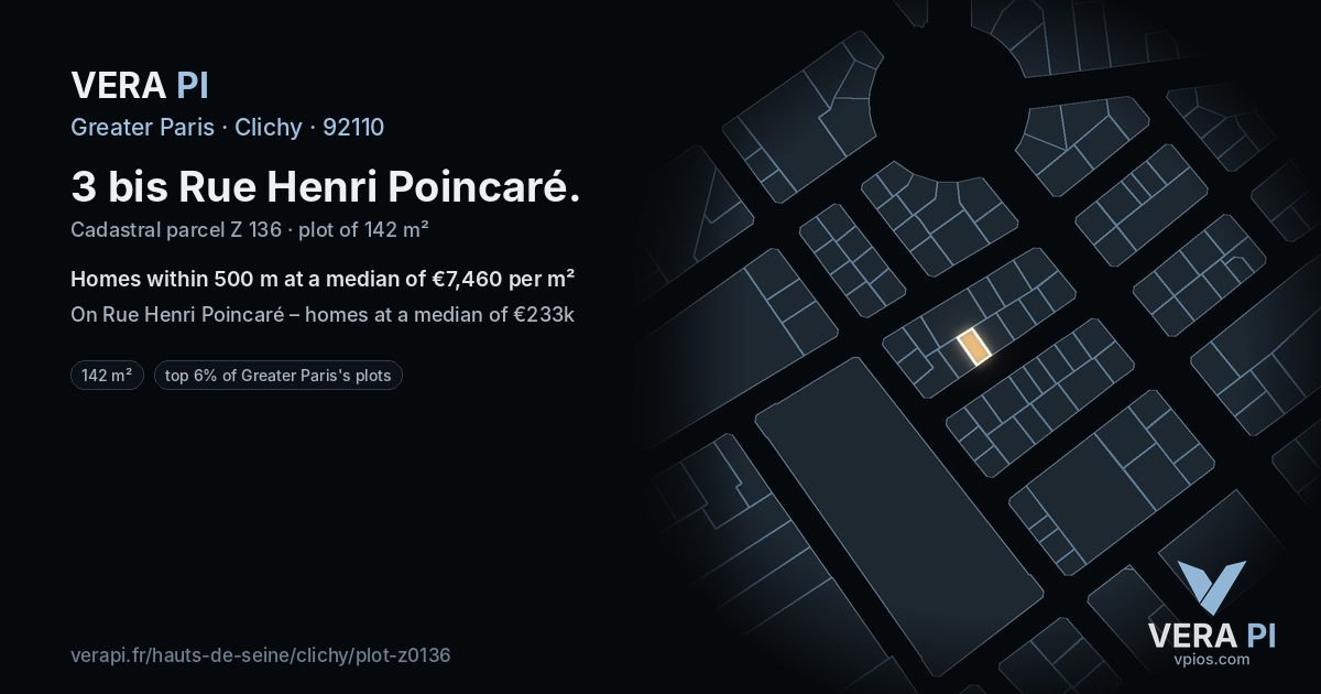 3 bis Rue Henri Poincaré, Clichy at night – the plot lit, the parcels around coloured by the prices near them