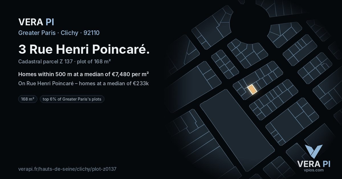 3 Rue Henri Poincaré, Clichy at night – the plot lit, the parcels around coloured by the prices near them