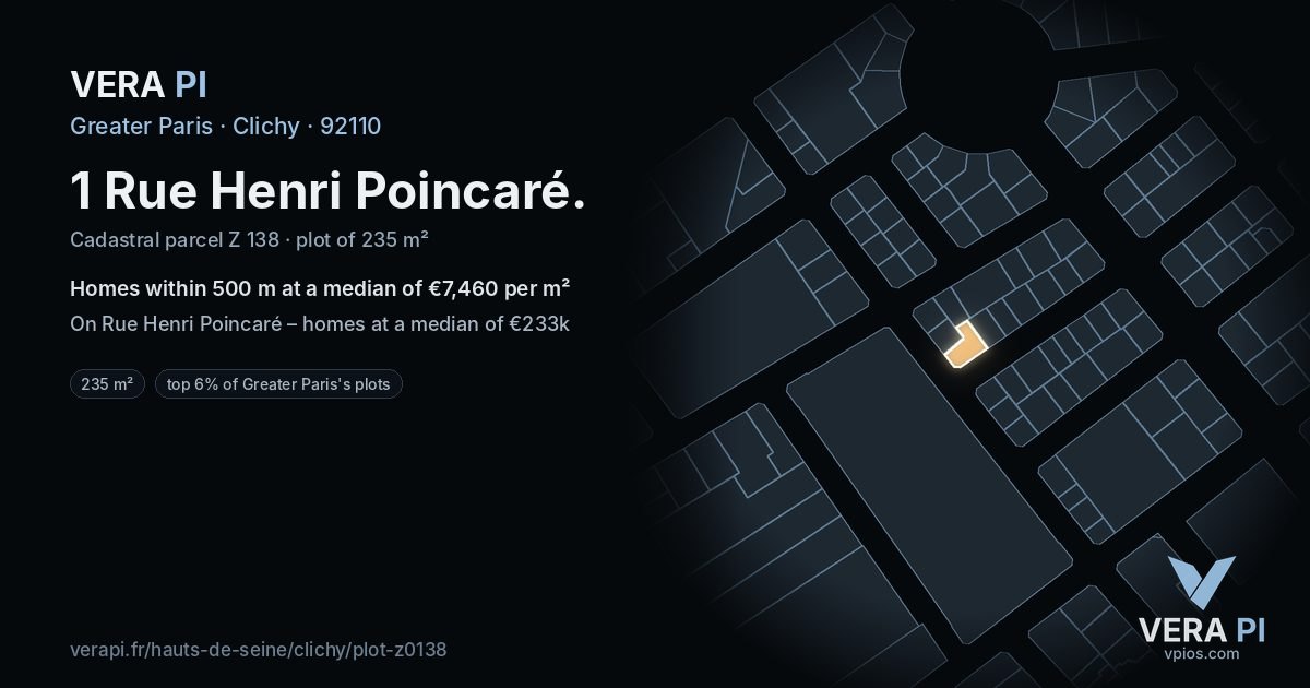 1 Rue Henri Poincaré, Clichy at night – the plot lit, the parcels around coloured by the prices near them