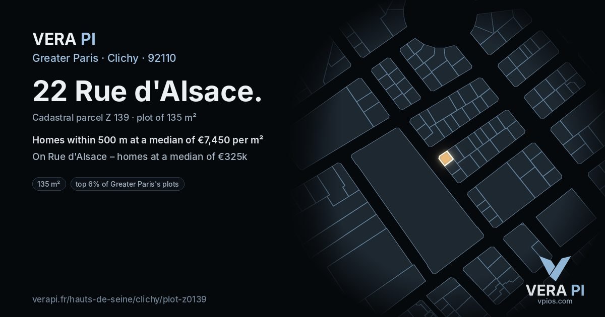 22 Rue d'Alsace, Clichy at night – the plot lit, the parcels around coloured by the prices near them