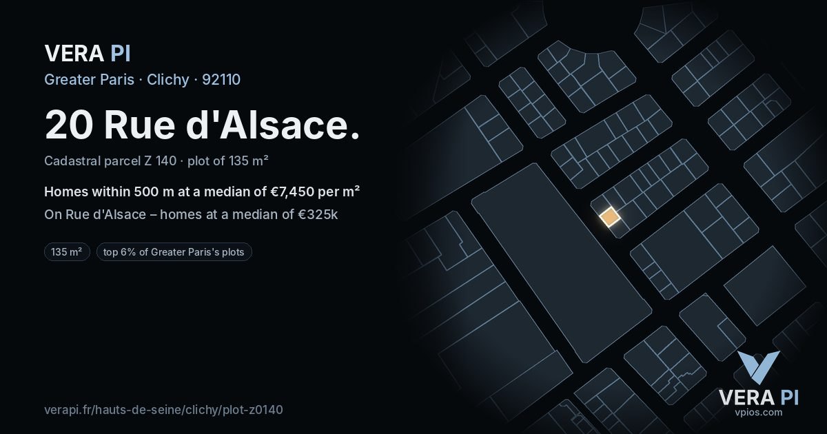 20 Rue d'Alsace, Clichy at night – the plot lit, the parcels around coloured by the prices near them