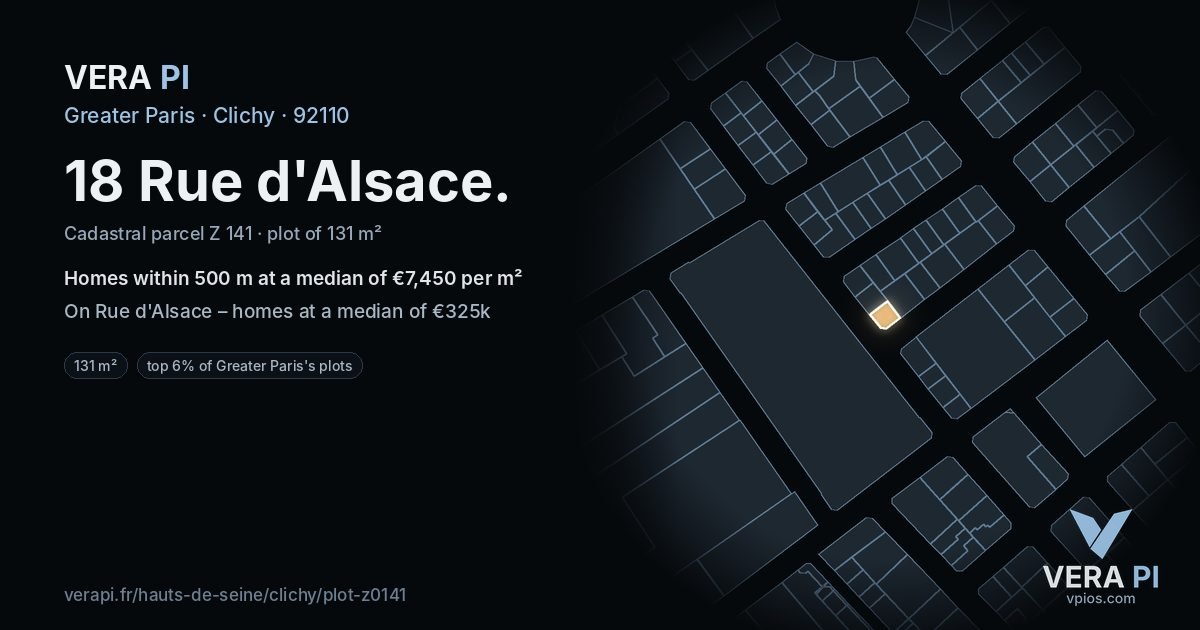 18 Rue d'Alsace, Clichy at night – the plot lit, the parcels around coloured by the prices near them