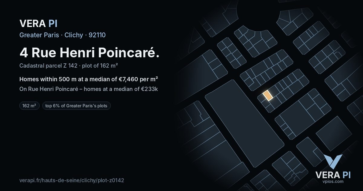4 Rue Henri Poincaré, Clichy at night – the plot lit, the parcels around coloured by the prices near them
