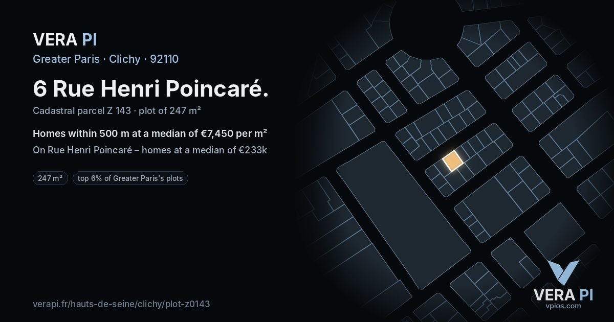 6 Rue Henri Poincaré, Clichy at night – the plot lit, the parcels around coloured by the prices near them