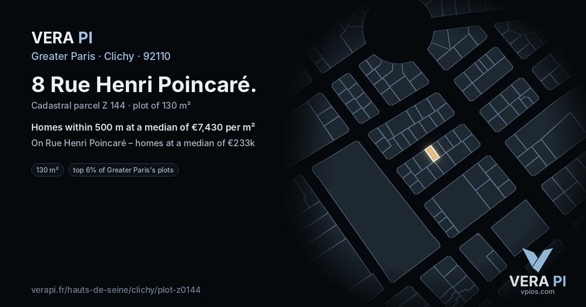 8 Rue Henri Poincaré, Clichy at night – the plot lit, the parcels around coloured by the prices near them