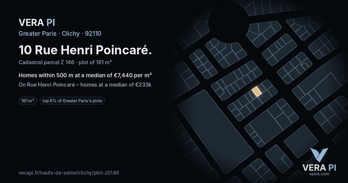 10 Rue Henri Poincaré, Clichy at night – the plot lit, the parcels around coloured by the prices near them
