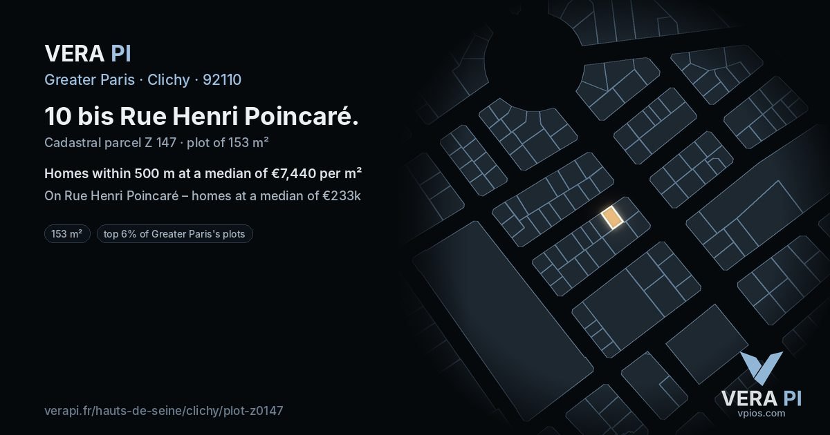 10 bis Rue Henri Poincaré, Clichy at night – the plot lit, the parcels around coloured by the prices near them