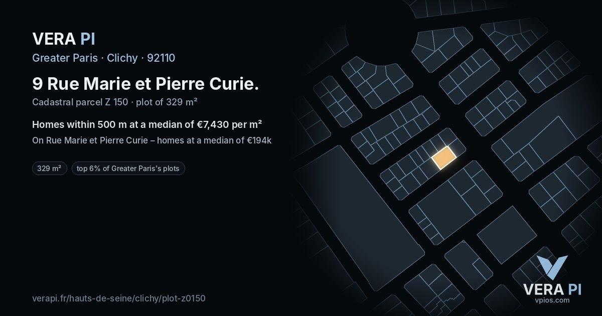 9 Rue Marie et Pierre Curie, Clichy at night – the plot lit, the parcels around coloured by the prices near them