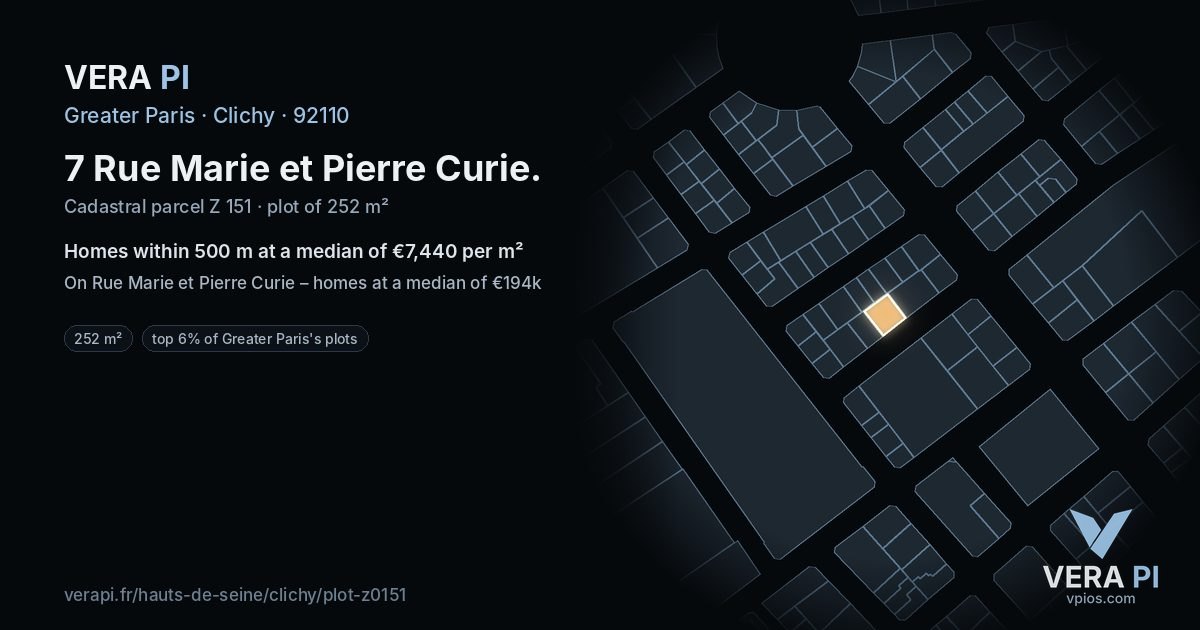 7 Rue Marie et Pierre Curie, Clichy at night – the plot lit, the parcels around coloured by the prices near them