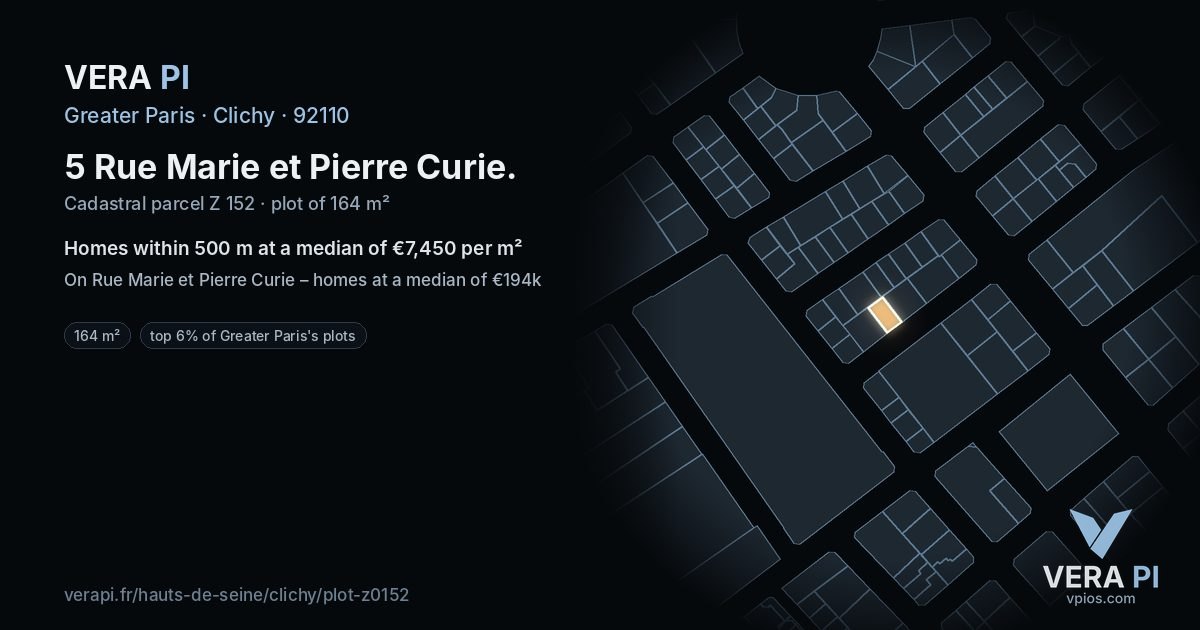 5 Rue Marie et Pierre Curie, Clichy at night – the plot lit, the parcels around coloured by the prices near them