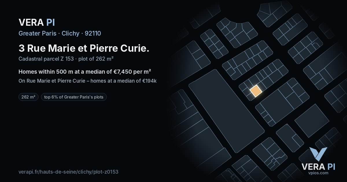 3 Rue Marie et Pierre Curie, Clichy at night – the plot lit, the parcels around coloured by the prices near them