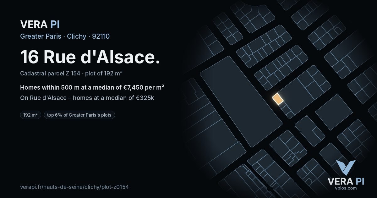 16 Rue d'Alsace, Clichy at night – the plot lit, the parcels around coloured by the prices near them