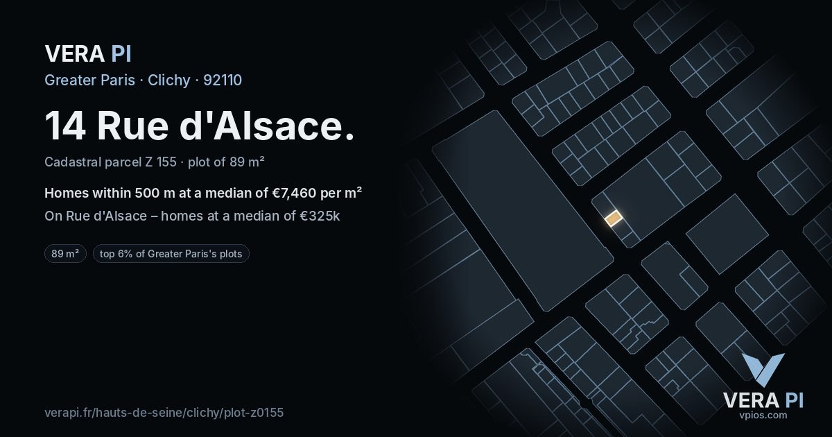 14 Rue d'Alsace, Clichy at night – the plot lit, the parcels around coloured by the prices near them
