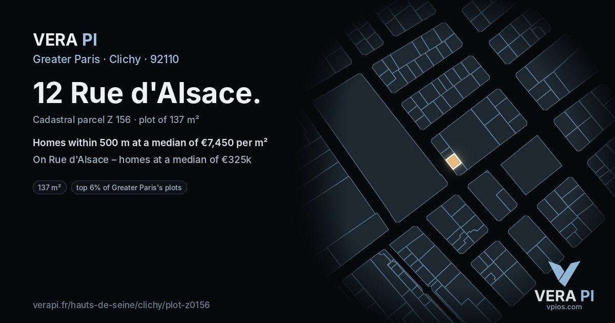 12 Rue d'Alsace, Clichy at night – the plot lit, the parcels around coloured by the prices near them