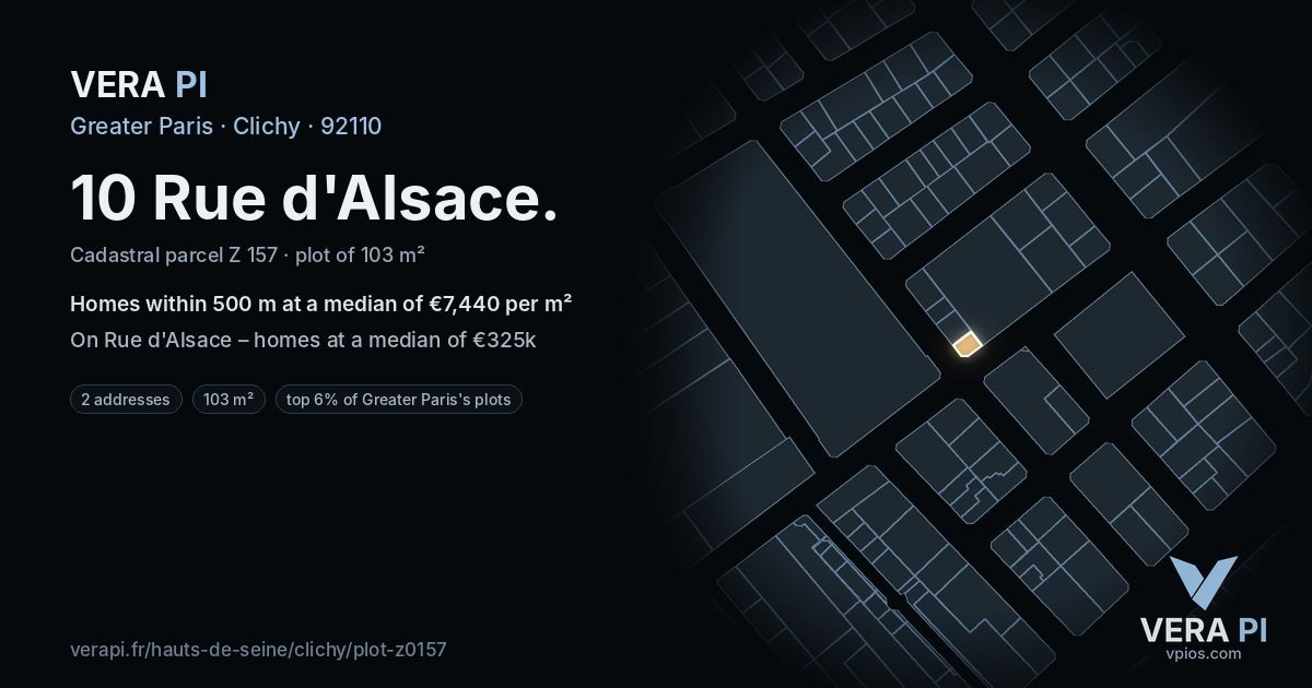 10 Rue d'Alsace, Clichy at night – the plot lit, the parcels around coloured by the prices near them