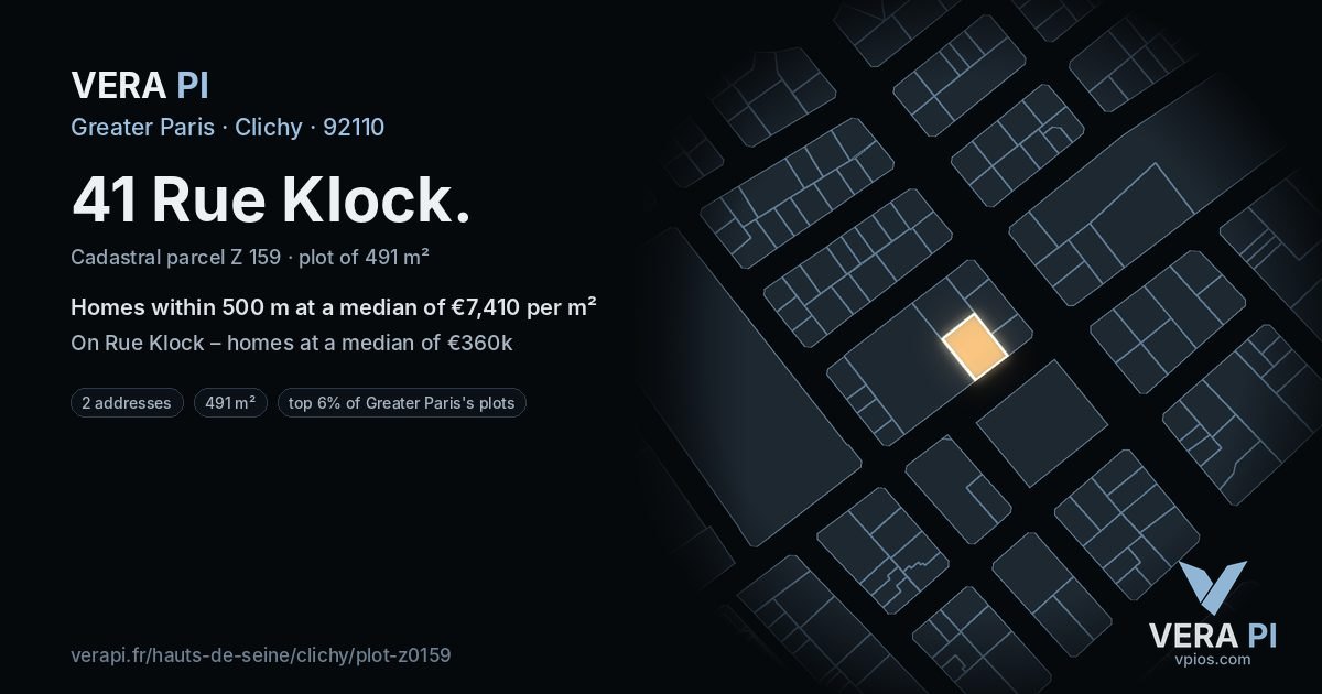 41 Rue Klock, Clichy at night – the plot lit, the parcels around coloured by the prices near them